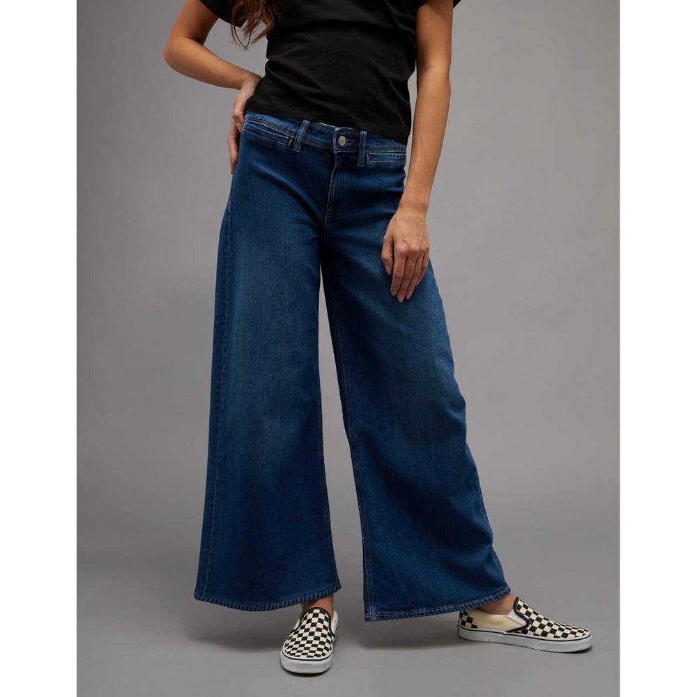 American Eagle Mariner Wide Leg Jeans Blue Medium Wash 2 Long High Rise Stretch